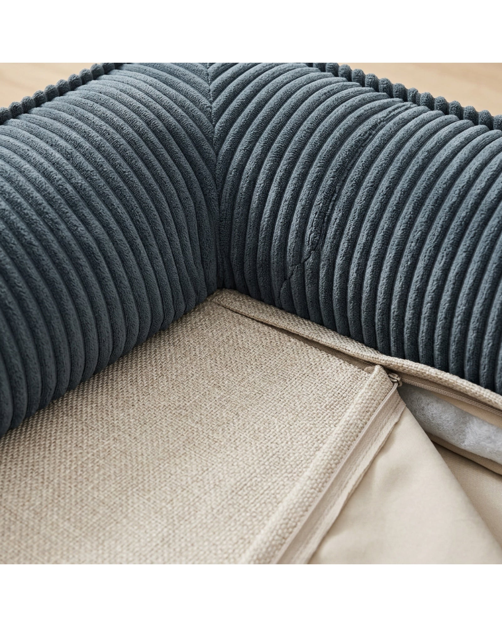 Ypvkd Large L-Shaped Corduroy Bolster Dog Bed Slate Oatmeal 112 cm - Detail view