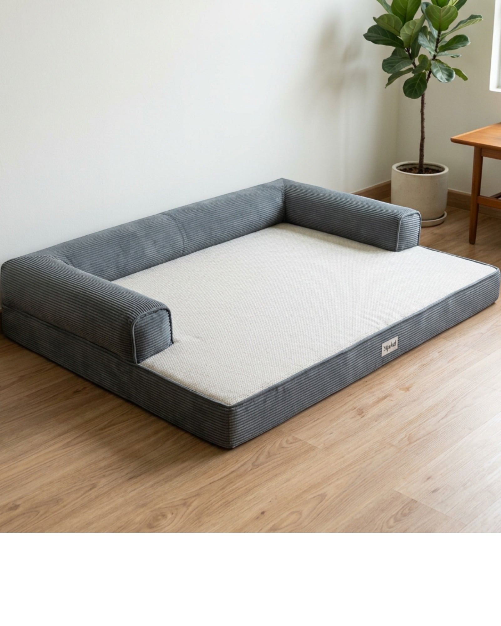 Ypvkd Large L-Shaped Corduroy Bolster Dog Bed Slate Oatmeal 112 cm - Lifestyle view