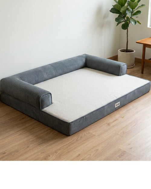 Ypvkd Large L-Shaped Corduroy Bolster Dog Bed Slate Oatmeal 112 cm - Lifestyle view
