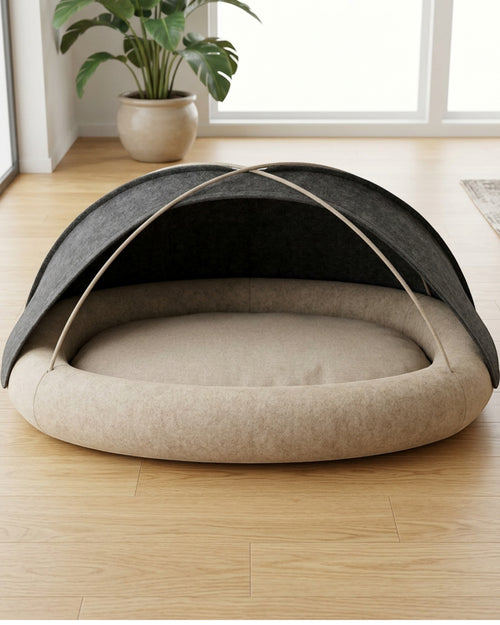 Ypvkd Large Removable-Hood Felt Cave Dog Bed Sand Charcoal 105 cm - Lifestyle view